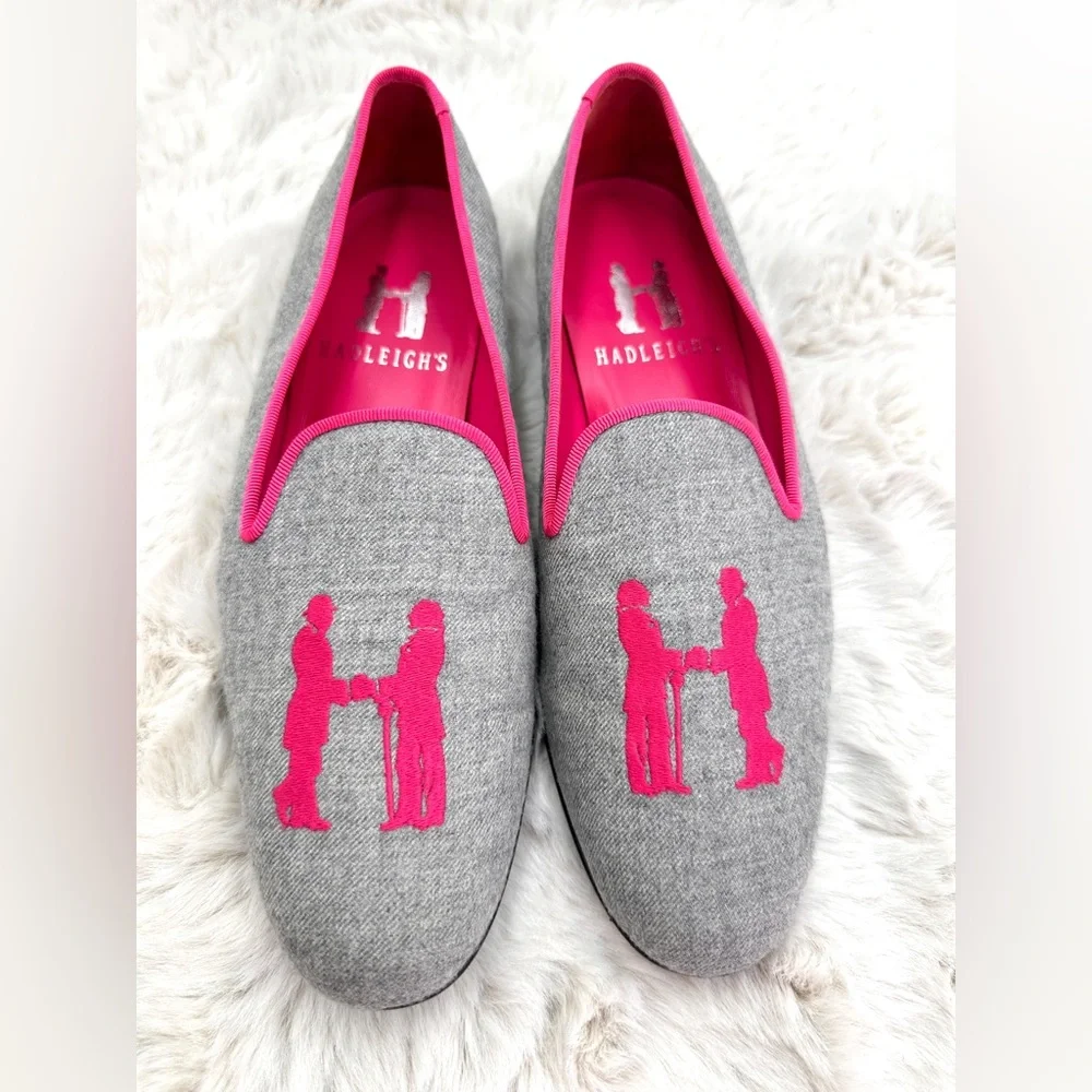 Hadleigh’s Audrey‎ Linen Loafer embroidered flats 38 US 8 Pink smoking slipper
